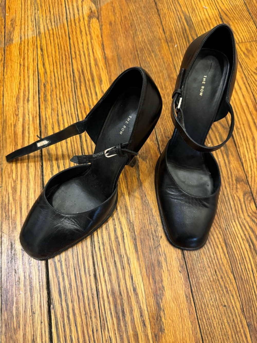 The Row Black Leather Square-Toe Mary Jane Heels